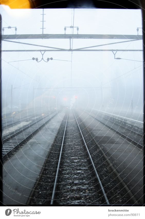Partir, c'est mourir un peu Eisenbahn Gleise Nebel Fenster Verkehr Abschied Trauer wegfahren kommen Einfahrt kalt Winter Elektrizität Morgen Station Bahnsteig
