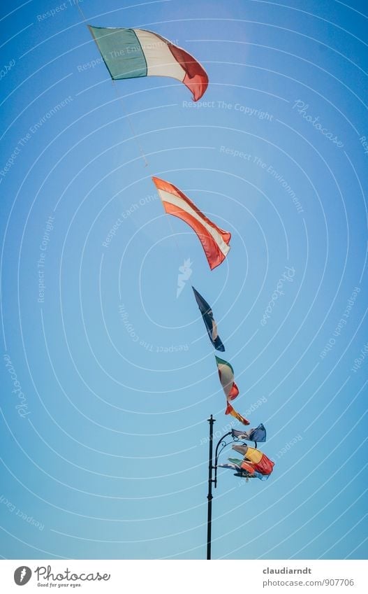 Fähnchen im Winde Himmel Wolkenloser Himmel Schönes Wetter Europa Fahne mehrfarbig Identität Italien Österreich Politik & Staat Staatssymbol Laternenpfahl