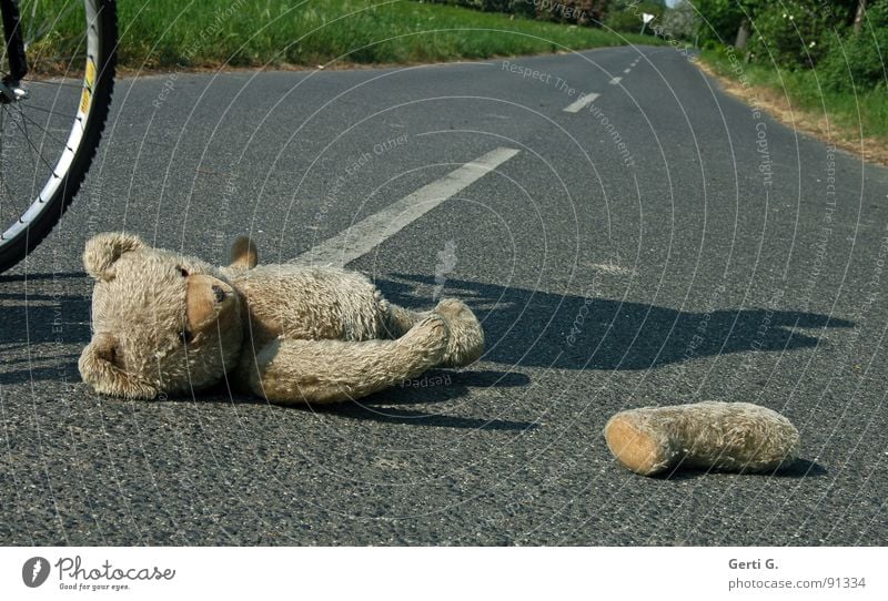 simulation Unfall schaulustig Erste Hilfe Verkehrsunfall Straßenmitte Fahrrad Fahrradreifen Spuren Teddybär Spielzeug Stofftiere verloren Straßenrand gefährlich