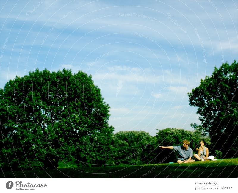 Richtungsweisend grün Kohlendioxid Rauchen Mann Frau Wiese Gras schön Göttingen Baum Luft Jugendliche Natur Himmel blau sitzen Schatten rauchzone Wetter