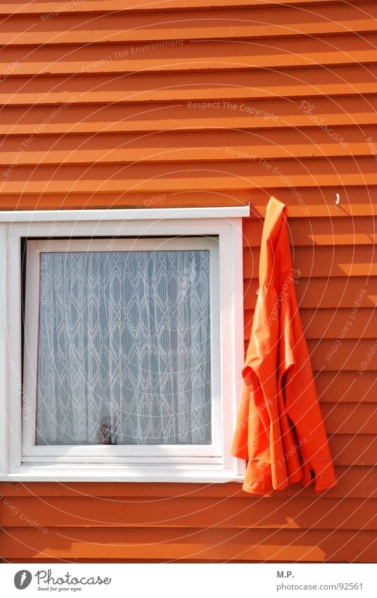 Orange pur! orange weiß Fenster Haus Jacke Rahmen graphisch Kontrast Farbe mehrfarbig Helgoland Fischereiwirtschaft Hütte Holz quer hängen Gardine