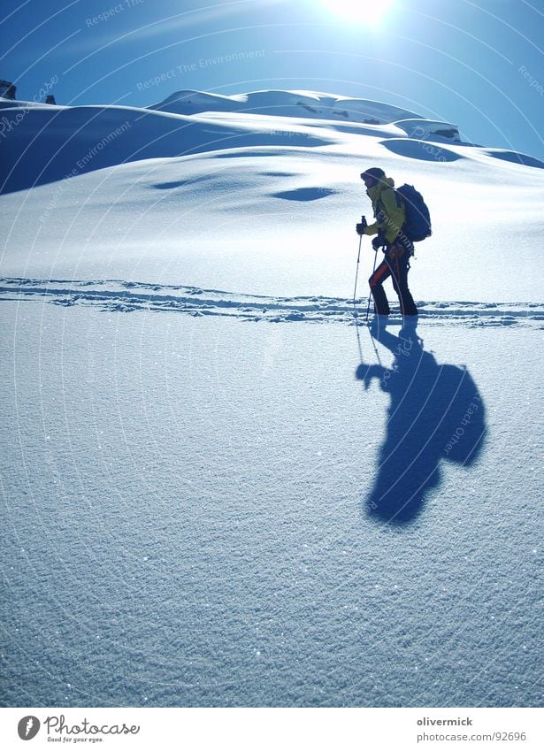 winterparadies Gegenlicht Stimmung Bergsteiger Skitour Skifahrer Schneekristall Pulverschnee Schneespur Winter Winterstimmung Sport Spielen Sonne hell/dunkel