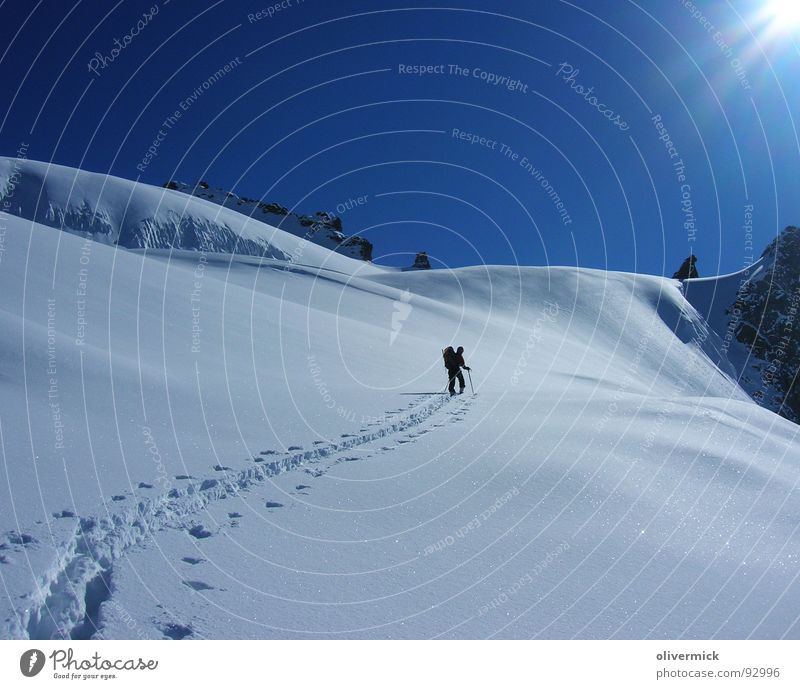 der sonne entgegen Schneespur Skitour Skifahrer Einsamkeit Bergsteiger Pulverschnee Stimmung Winter Winterstimmung Tiefschnee Schneekristall Wintersport Sonne