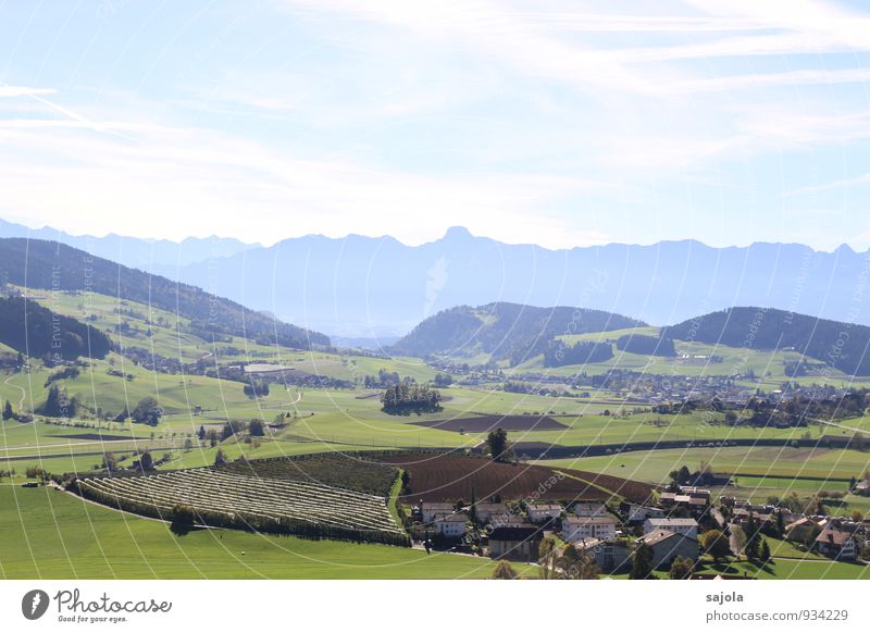 ausblick Umwelt Natur Landschaft Pflanze Himmel Wolken Herbst Feld Hügel Alpen Berge u. Gebirge Berner Oberland Schweiz Dorf Haus Einfamilienhaus Tourismus