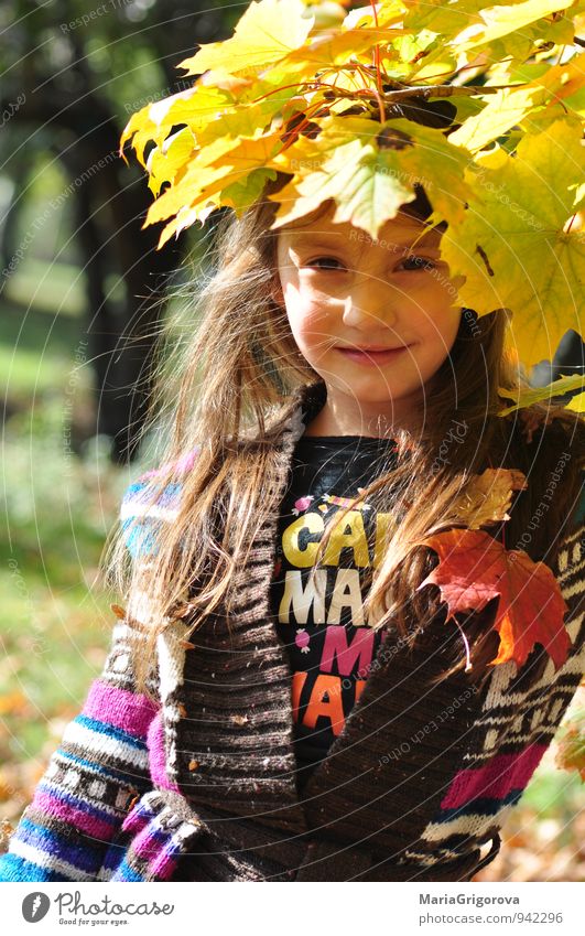 Schönes Mädchen genießt Herbstlaub im Park Lifestyle schön Gesundheit Ausflug Garten Mensch Kind Haare & Frisuren Gesicht 1 3-8 Jahre Kindheit Natur Hagel Baum