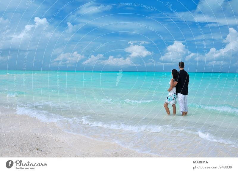 Couple standing in the sea, Maldives Erholung ruhig Ferien & Urlaub & Reisen Tourismus Sommer Sonne Strand Meer Insel Wellen Mensch Frau Erwachsene Mann Paar