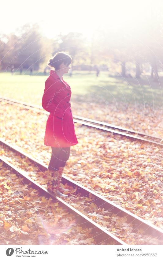AK# On The Rail Kunst ästhetisch Zufriedenheit ruhig Idylle Frau Frauenkörper herbstlich Herbstlaub Herbstfärbung Herbstbeginn Herbstwetter Herbstwald