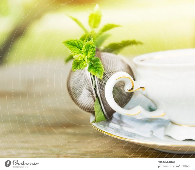 Teesieb mit Minze Kraut und Becher auf Tisch im Garten Lebensmittel Kräuter & Gewürze Getränk Heißgetränk Geschirr Tasse Stil Design Gesundheit