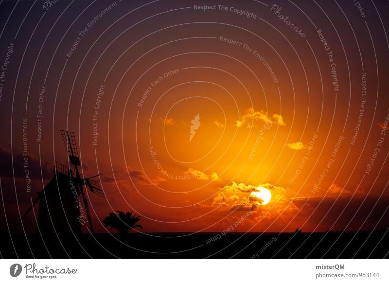 Sonneweg I Kunst ästhetisch Zufriedenheit Sonnenuntergang Romantik Idylle Sonnenlicht Sonnenstrahlen Sonnenenergie Wolken Kitsch Windmühle Spanien Farbverlauf