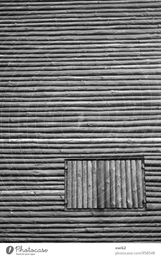 Geschlossene Veranstaltung Hütte Holzhütte Mauer Wand Fassade Fenster fest ignorant gleich Schutz geschlossen aussperren Aufenthalt Schwarzweißfoto