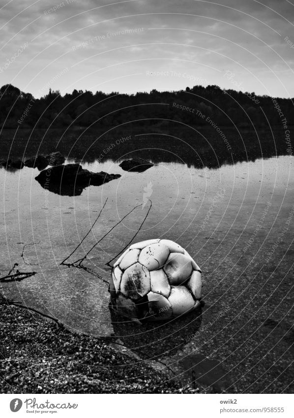 Abseits Fußball Leder Umwelt Natur Landschaft Sand Wasser Himmel Horizont Zweig Seeufer liegen Traurigkeit warten dreckig kaputt Krankheit trist Gefühle