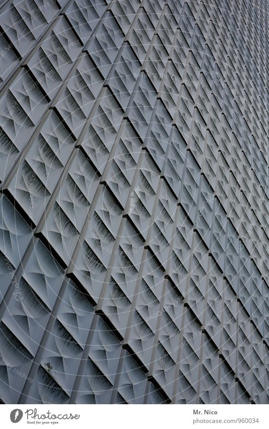 versammlung Hochhaus Bauwerk Gebäude Architektur Fassade grau Perspektive Unendlichkeit kalt Kunststoff Siebziger Jahre Wabe Linie Oberfläche