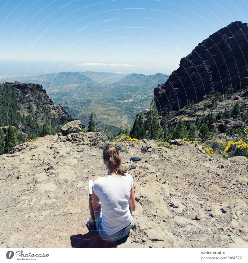 Genussmoment feminin Junge Frau Jugendliche Erwachsene Rücken 18-30 Jahre schreiben sitzen genießen Alpen Alpenvorland Aussicht Himmel (Jenseits) Blauer Himmel
