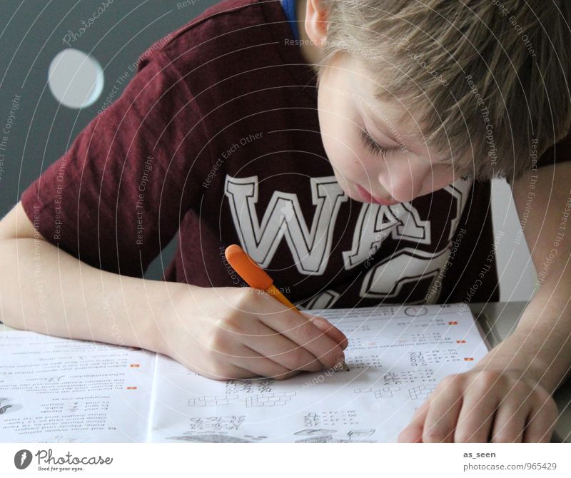Hausaufgaben Junge Kindheit Leben Hand Finger 1 Mensch 3-8 Jahre T-Shirt blond Schreibwaren Papier Zettel Schreibstift Heft Zeichen Schriftzeichen