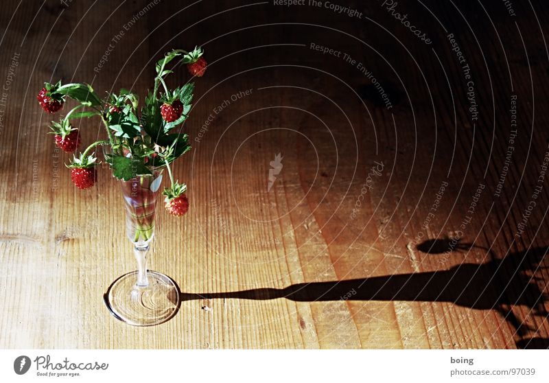 kleine Beeren werfen ihre Schatten voraus Wald-Erdbeere Erdbeeren Blumenstrauß Vase Pokal Glas süß Sonnenuhr langsam Duft genießen Ausdauer Sammlung finden