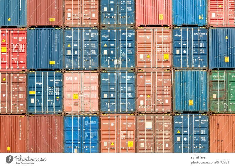 Belgisches Tetris Schifffahrt Containerschiff blau braun rot akkurat gerade Ordnung Ordnungsliebe Quadrat Rechteck Containerterminal Containerverladung