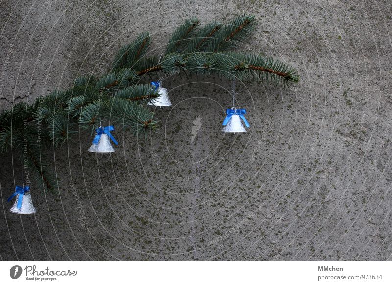 Glöckchen Feste & Feiern Weihnachten & Advent Pflanze Zweig Ast Glocke Beton Metall hängen hören blau grau grün silber Freude Glück Vorsicht Gelassenheit