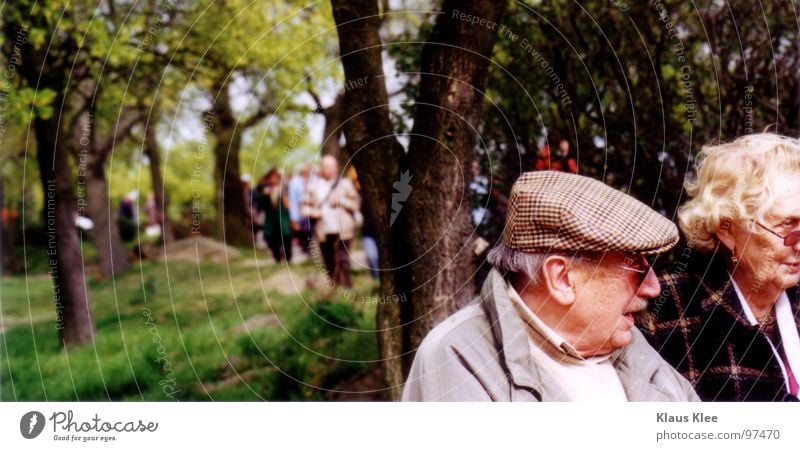 Opa&Oma Wald Senior Großvater Baum grau sprechen grün Grab Friedhof ruhig Zusammensein Einsamkeit Mütze Prozession Porträt Gras Katholizismus Sonnenbrille Jacke