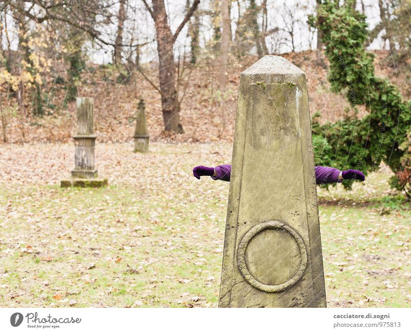 Auferstehung Freude Ausflug Mensch Frau Erwachsene 1 Umwelt Herbst Park Friedhof Grabstein Denkmal Handschuhe Umarmen verrückt braun grün violett orange bizarr