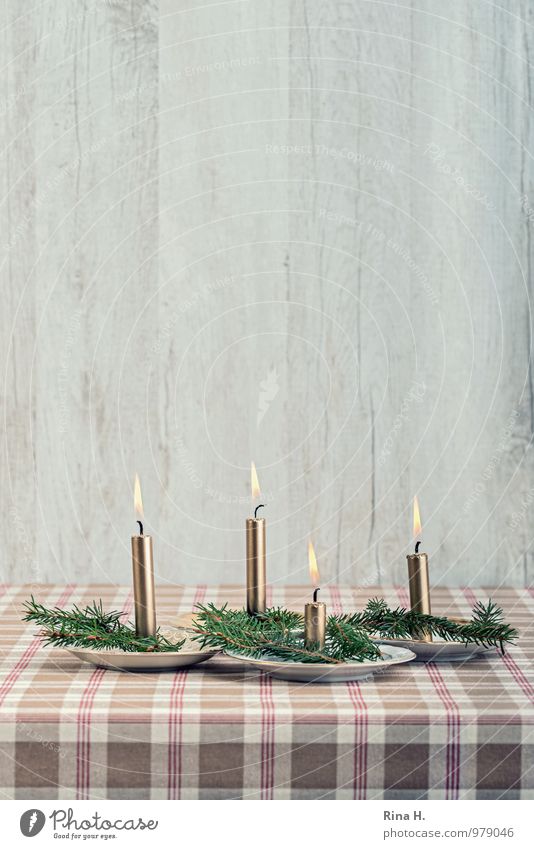 4. Advent Feste & Feiern Weihnachten & Advent Religion & Glaube Zufriedenheit Stillleben Kerze Kerzenflamme Tischwäsche kariert Tannenzweig Teller Farbfoto