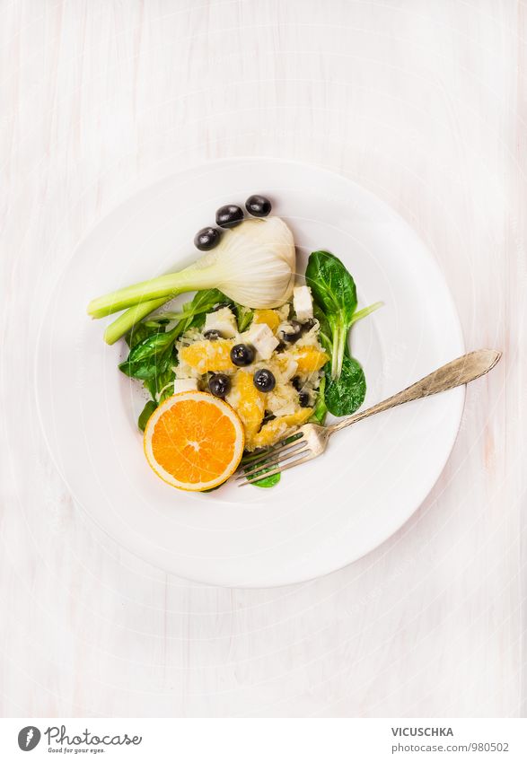 Fenchel, Orangen und Frischkäse Salat Lebensmittel Käse Gemüse Salatbeilage Frucht Kräuter & Gewürze Öl Mittagessen Festessen Bioprodukte Vegetarische Ernährung