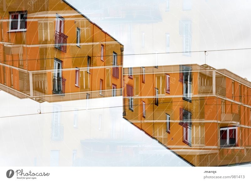 Kubisch Haus Gebäude Architektur außergewöhnlich trendy modern verrückt gelb Design Farbe Perspektive Symmetrie Irritation Zukunft Geometrie Doppelbelichtung
