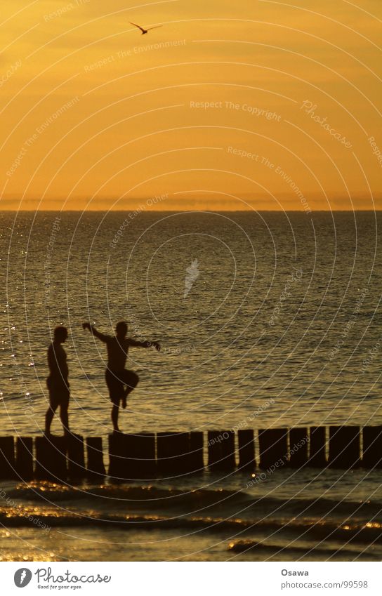 Sommer Sonnenuntergang Dämmerung Meer Mann Yoga Turnen 2 Wellen Strand Freude Ostsee Tanzen Silhouette Pfosten Wasser