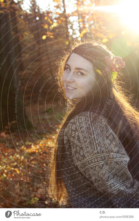 Sylvia VI Junge Frau Jugendliche 18-30 Jahre Erwachsene Sonnenlicht Baum Wald Pullover brünett langhaarig Lächeln Freundlichkeit Fröhlichkeit Glück schön braun