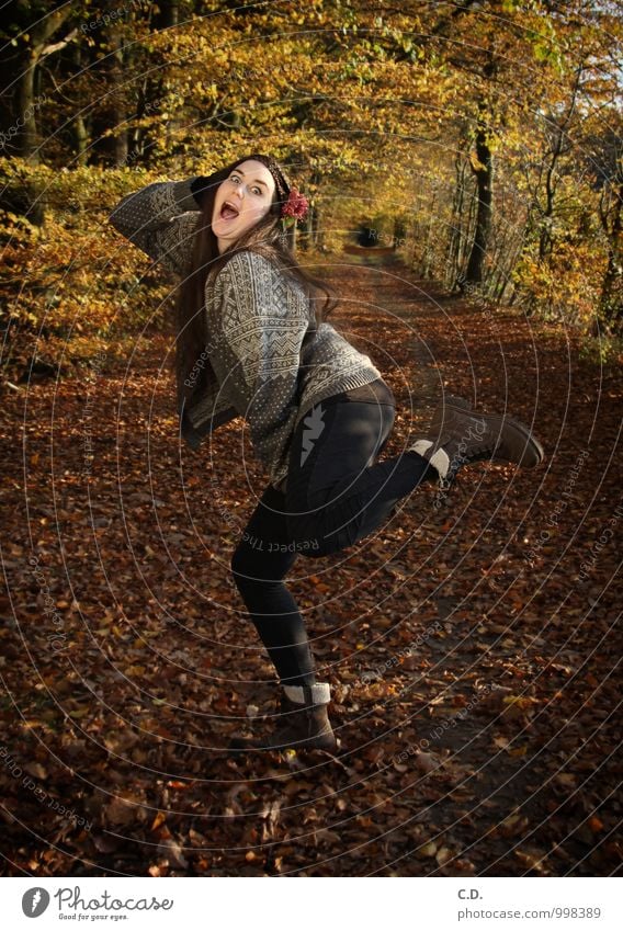 100 yeah! Junge Frau Jugendliche 18-30 Jahre Erwachsene Herbst Schönes Wetter Blume Wald Pullover stehen frech Fröhlichkeit Glück einzigartig lustig trashig