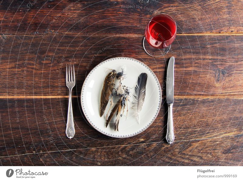 Gestorben für einen kurzen Genussmoment. 1 Tier liegen Vogel Drossel Wein Rotwein Weinglas Besteck Holztisch Holzstruktur edel Restaurant Foodfotografie